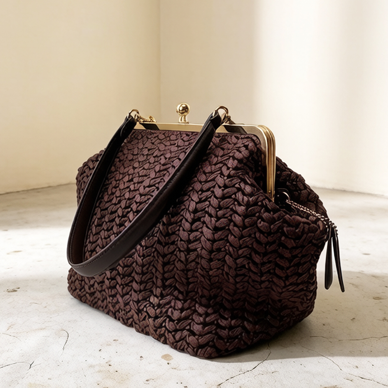 Women'S Raffia Bags - El yapımı Kisslock Çerçeveli Omuz Rafya